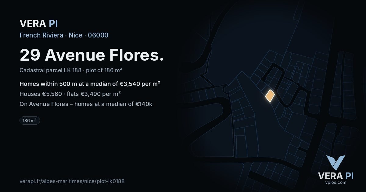 29 Avenue Flores, Nice at night – the plot lit, the parcels around coloured by the prices near them
