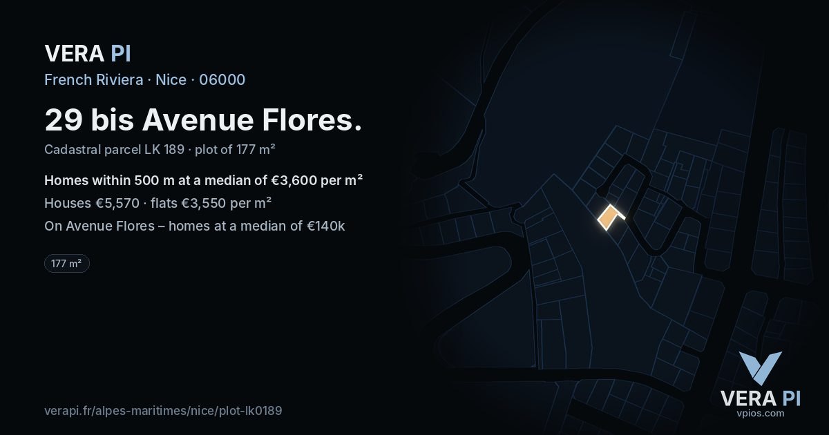 29 bis Avenue Flores, Nice at night – the plot lit, the parcels around coloured by the prices near them