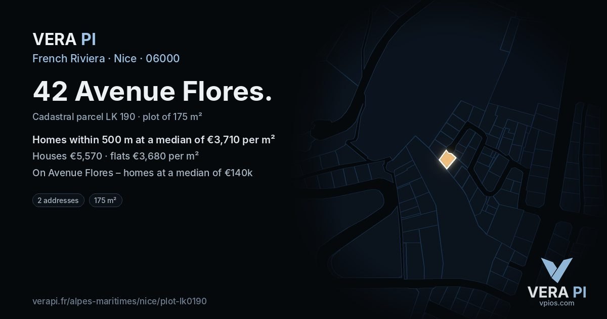 42 Avenue Flores, Nice at night – the plot lit, the parcels around coloured by the prices near them
