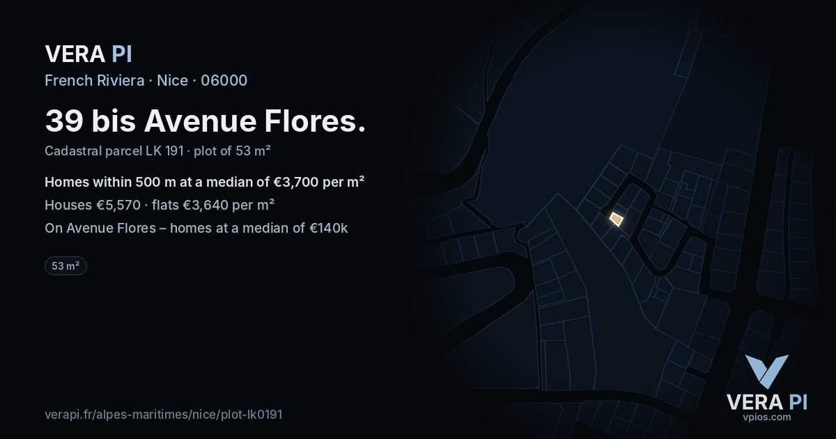 39 bis Avenue Flores, Nice at night – the plot lit, the parcels around coloured by the prices near them