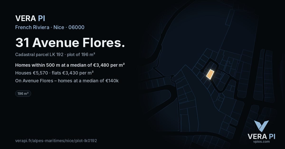 31 Avenue Flores, Nice at night – the plot lit, the parcels around coloured by the prices near them