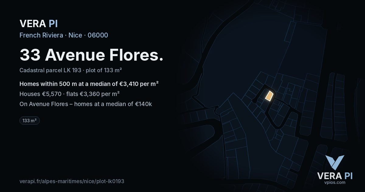 33 Avenue Flores, Nice at night – the plot lit, the parcels around coloured by the prices near them