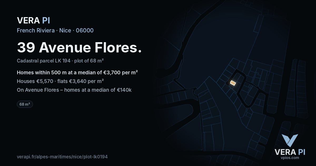 39 Avenue Flores, Nice at night – the plot lit, the parcels around coloured by the prices near them