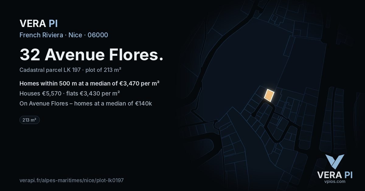 32 Avenue Flores, Nice at night – the plot lit, the parcels around coloured by the prices near them