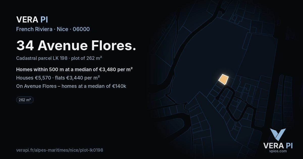 34 Avenue Flores, Nice at night – the plot lit, the parcels around coloured by the prices near them