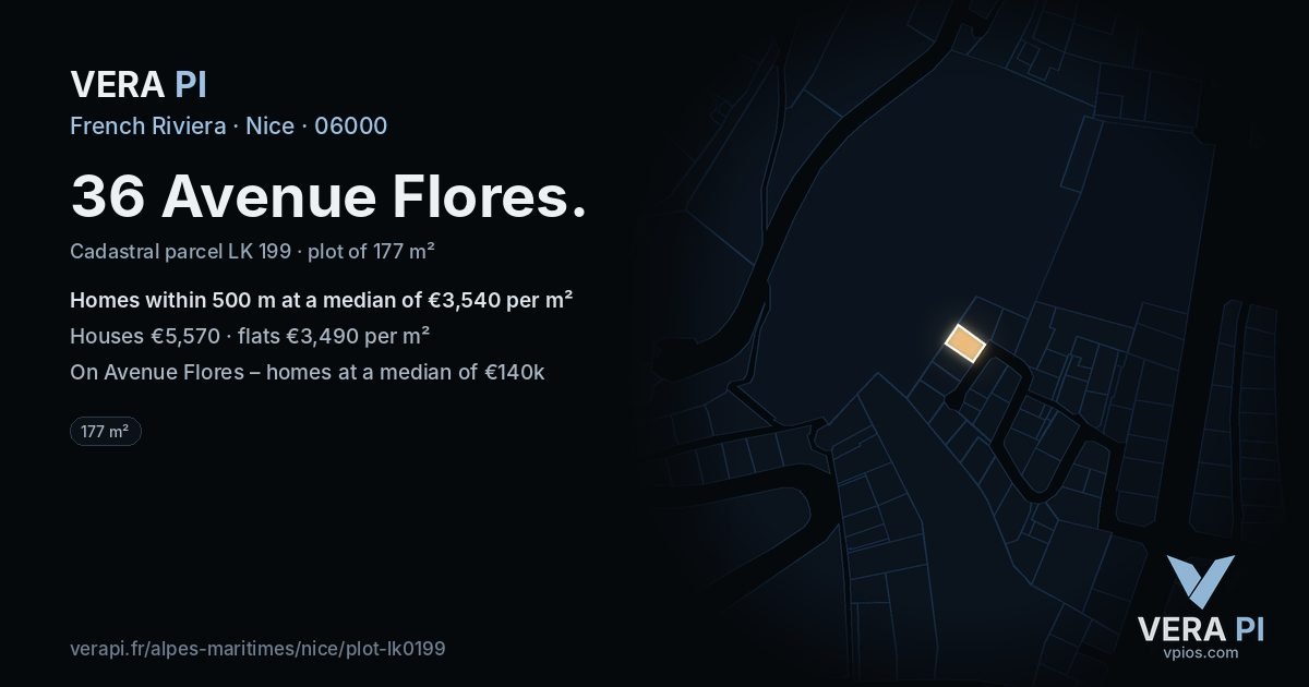 36 Avenue Flores, Nice at night – the plot lit, the parcels around coloured by the prices near them