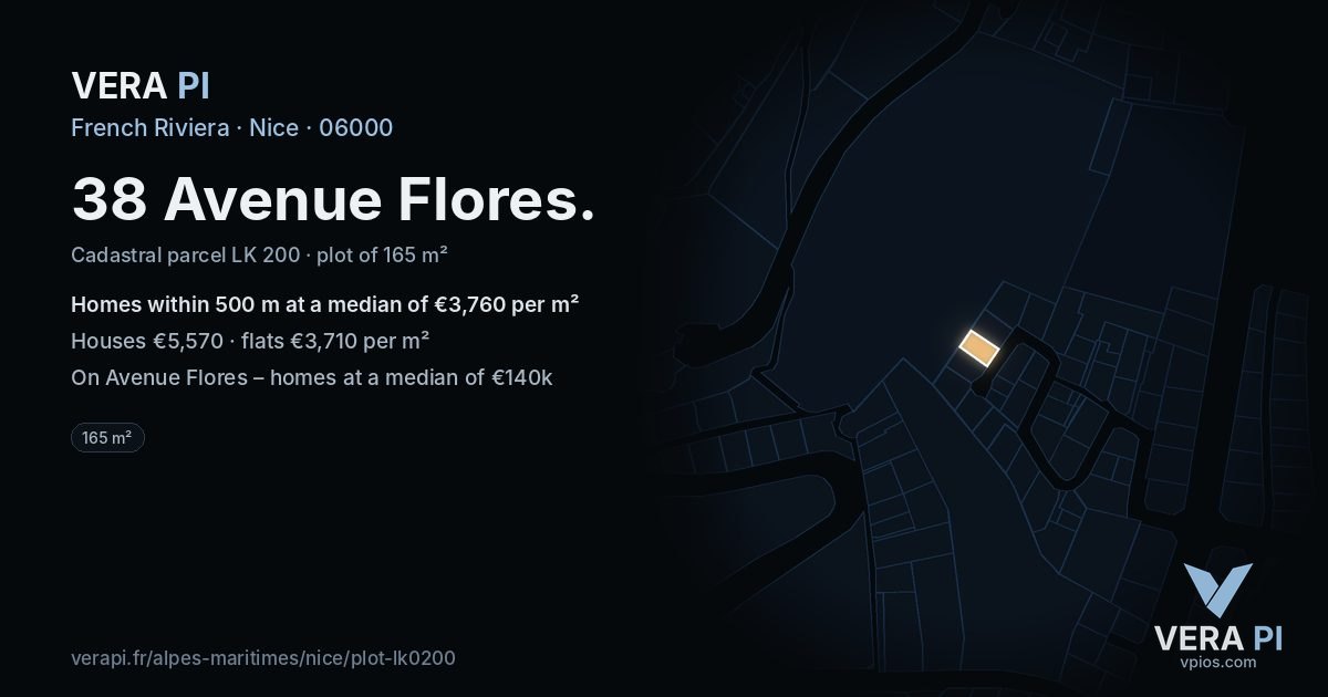 38 Avenue Flores, Nice at night – the plot lit, the parcels around coloured by the prices near them
