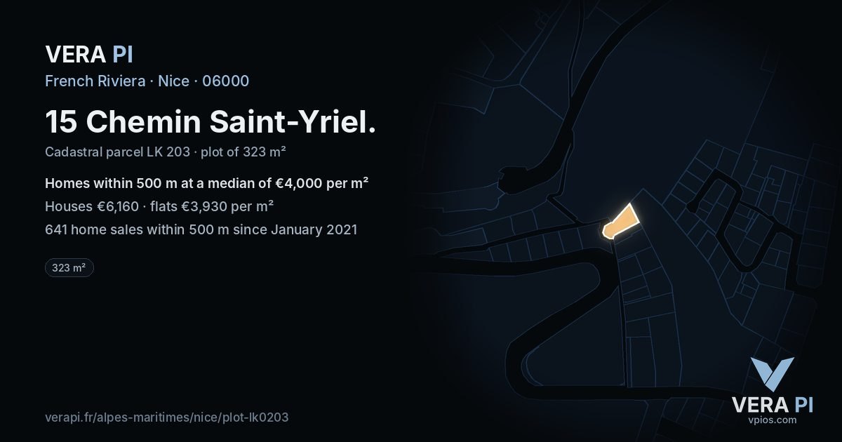 15 Chemin Saint-Yriel, Nice at night – the plot lit, the parcels around coloured by the prices near them