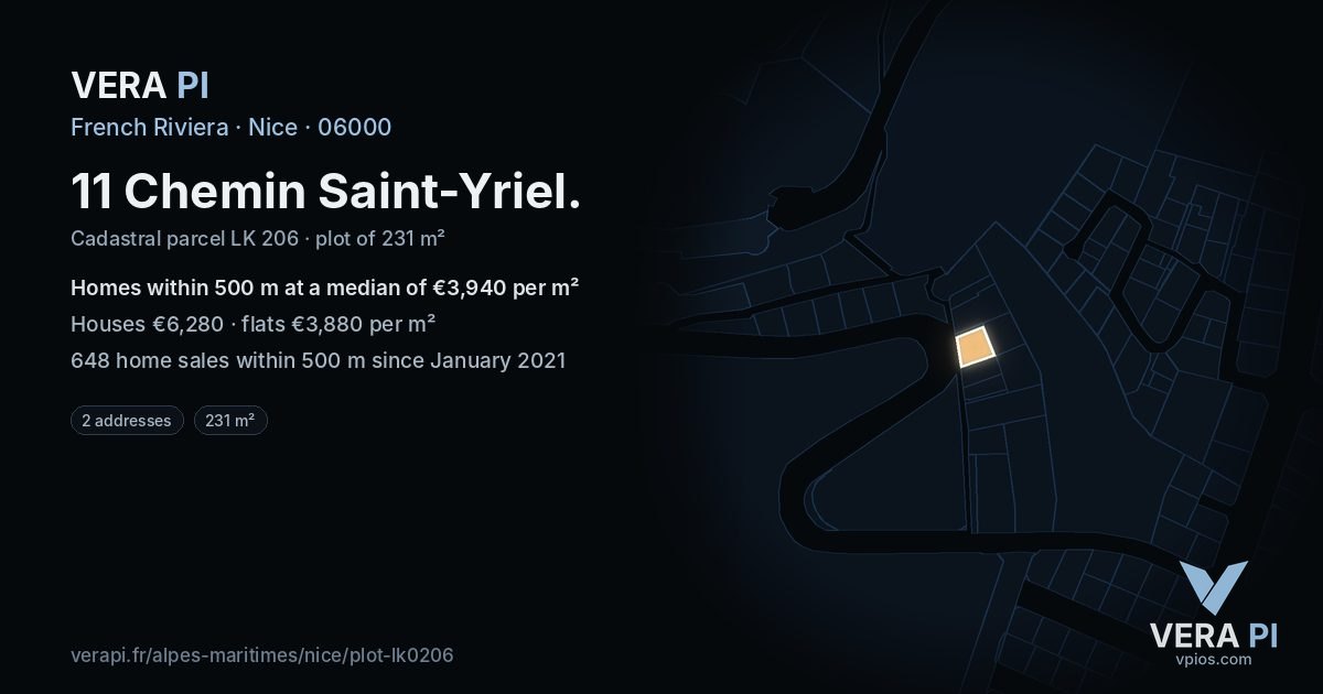 11 Chemin Saint-Yriel, Nice at night – the plot lit, the parcels around coloured by the prices near them