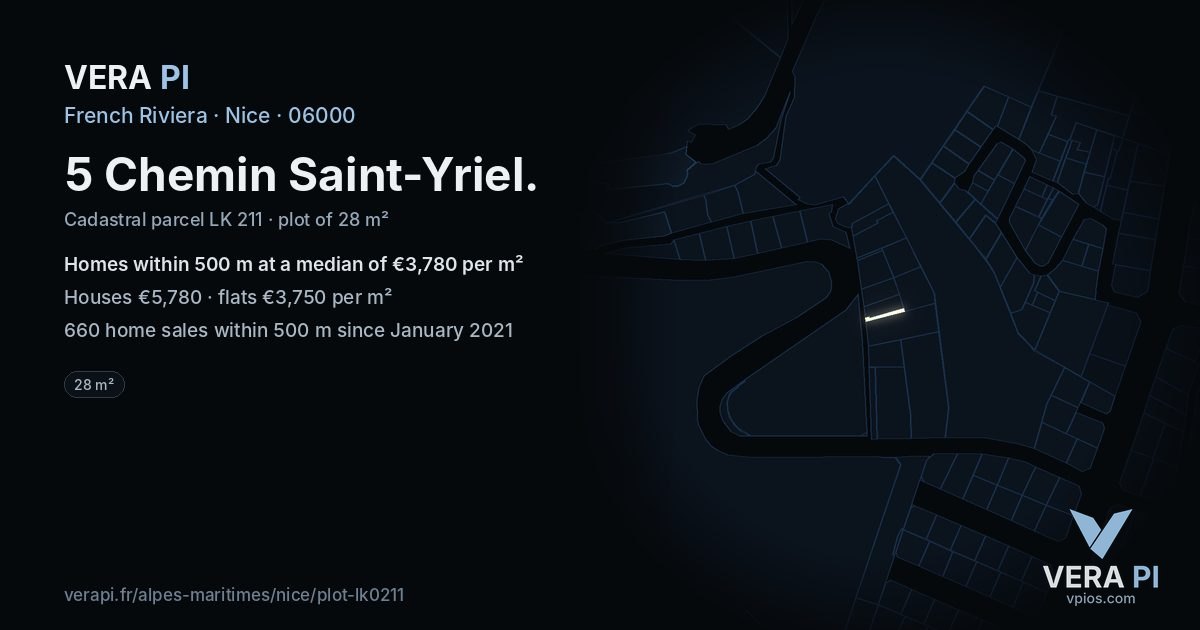 5 Chemin Saint-Yriel, Nice at night – the plot lit, the parcels around coloured by the prices near them