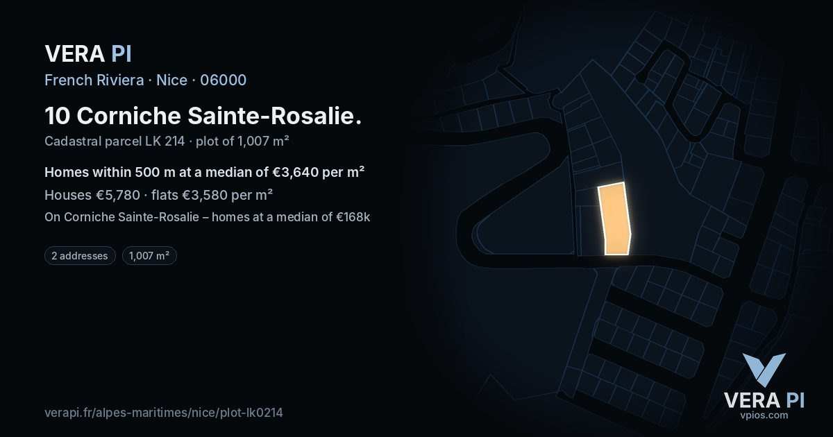 10 Corniche Sainte-Rosalie, Nice at night – the plot lit, the parcels around coloured by the prices near them