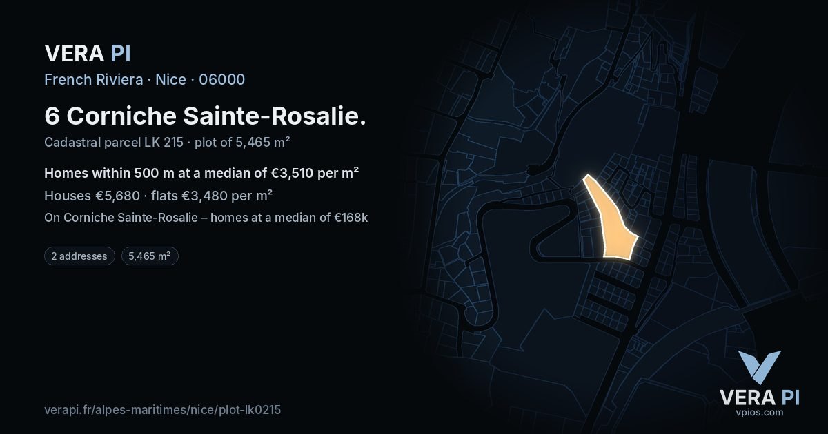 6 Corniche Sainte-Rosalie, Nice at night – the plot lit, the parcels around coloured by the prices near them