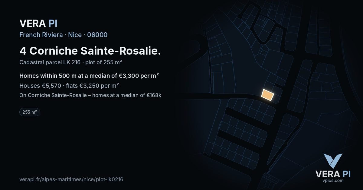 4 Corniche Sainte-Rosalie, Nice at night – the plot lit, the parcels around coloured by the prices near them