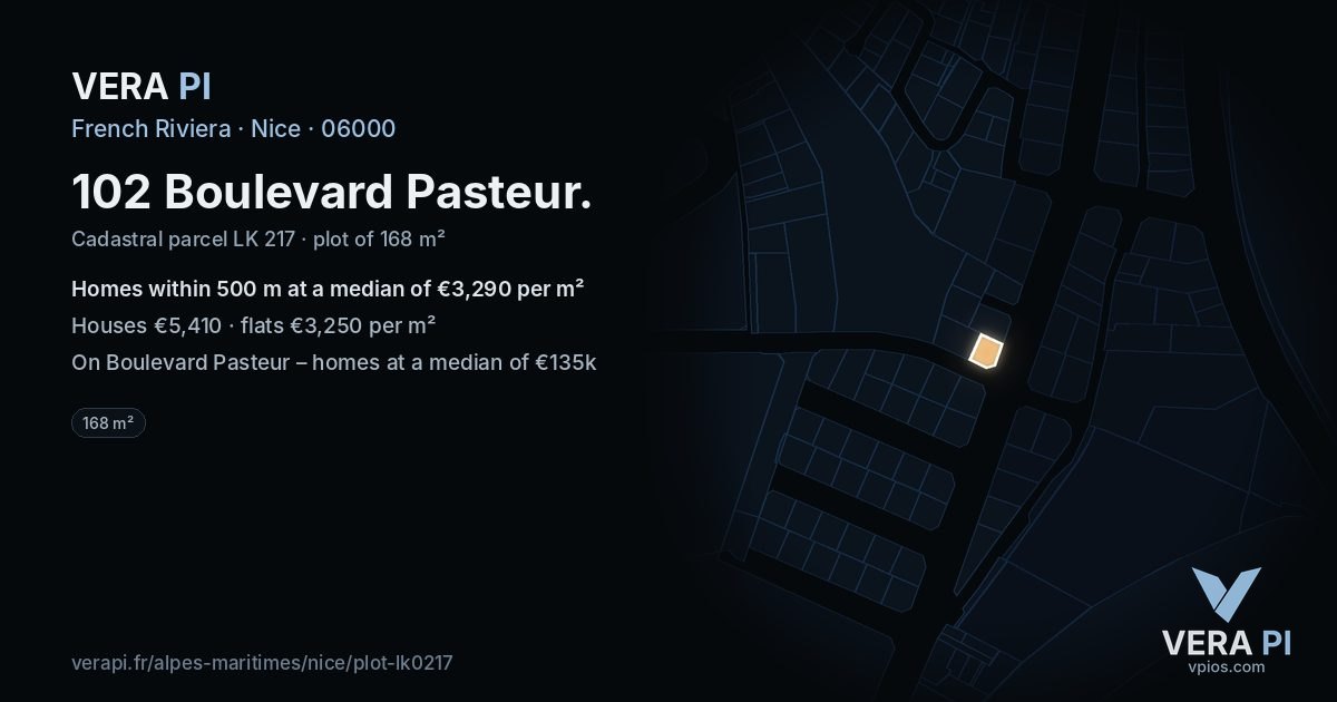 102 Boulevard Pasteur, Nice at night – the plot lit, the parcels around coloured by the prices near them