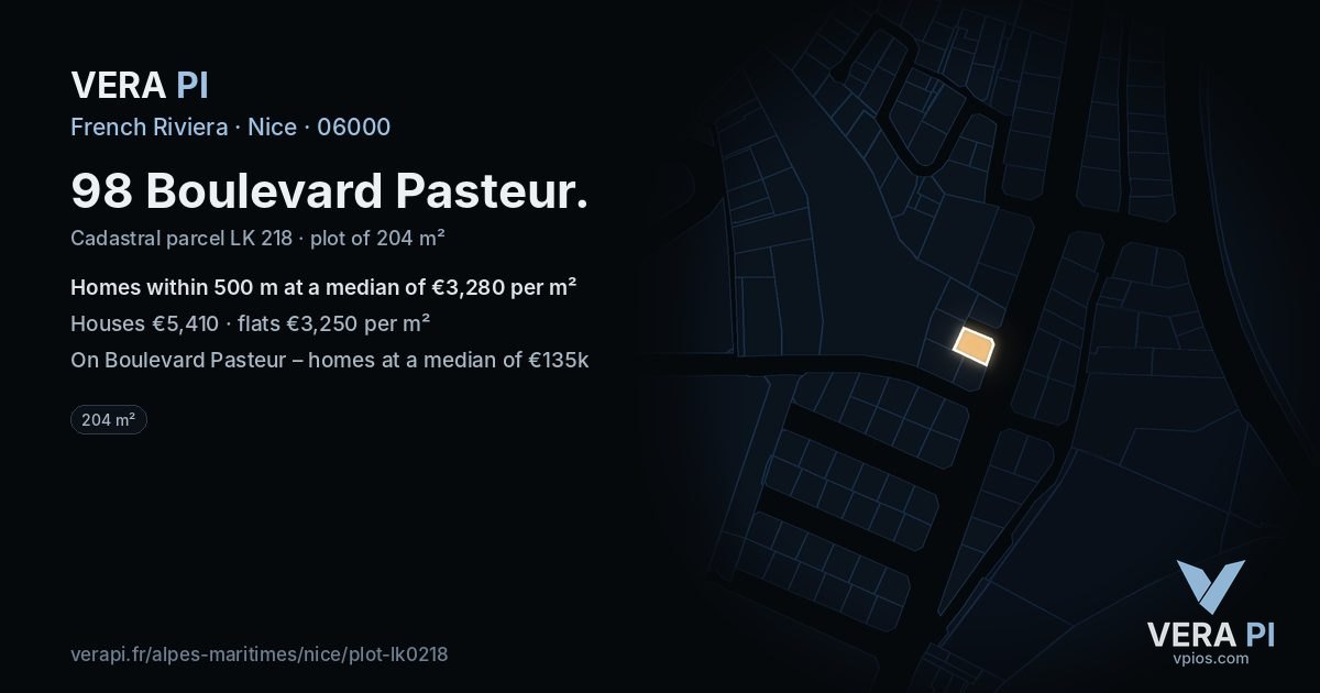98 Boulevard Pasteur, Nice at night – the plot lit, the parcels around coloured by the prices near them