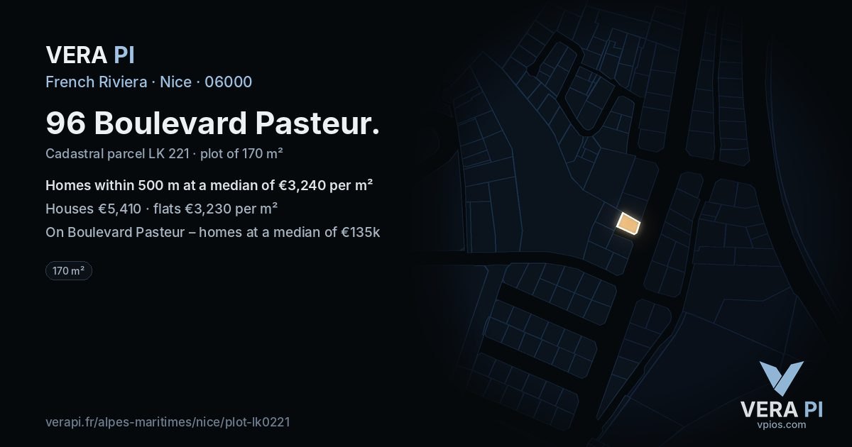 96 Boulevard Pasteur, Nice at night – the plot lit, the parcels around coloured by the prices near them