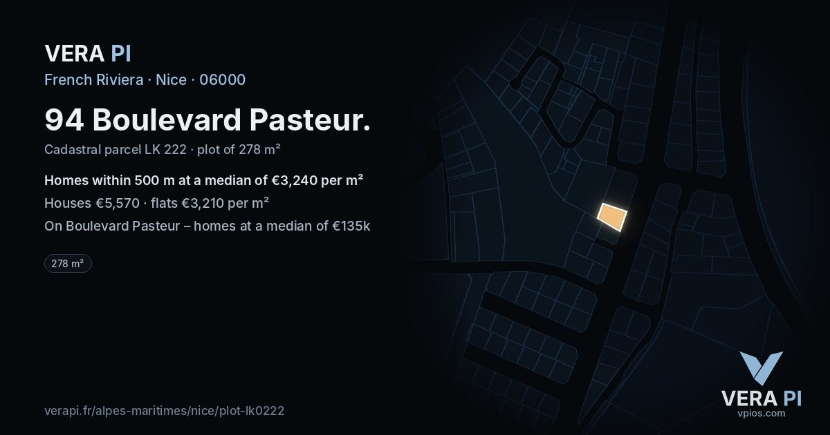 94 Boulevard Pasteur, Nice at night – the plot lit, the parcels around coloured by the prices near them
