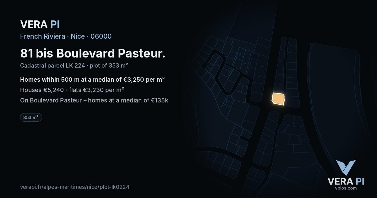 81 bis Boulevard Pasteur, Nice at night – the plot lit, the parcels around coloured by the prices near them
