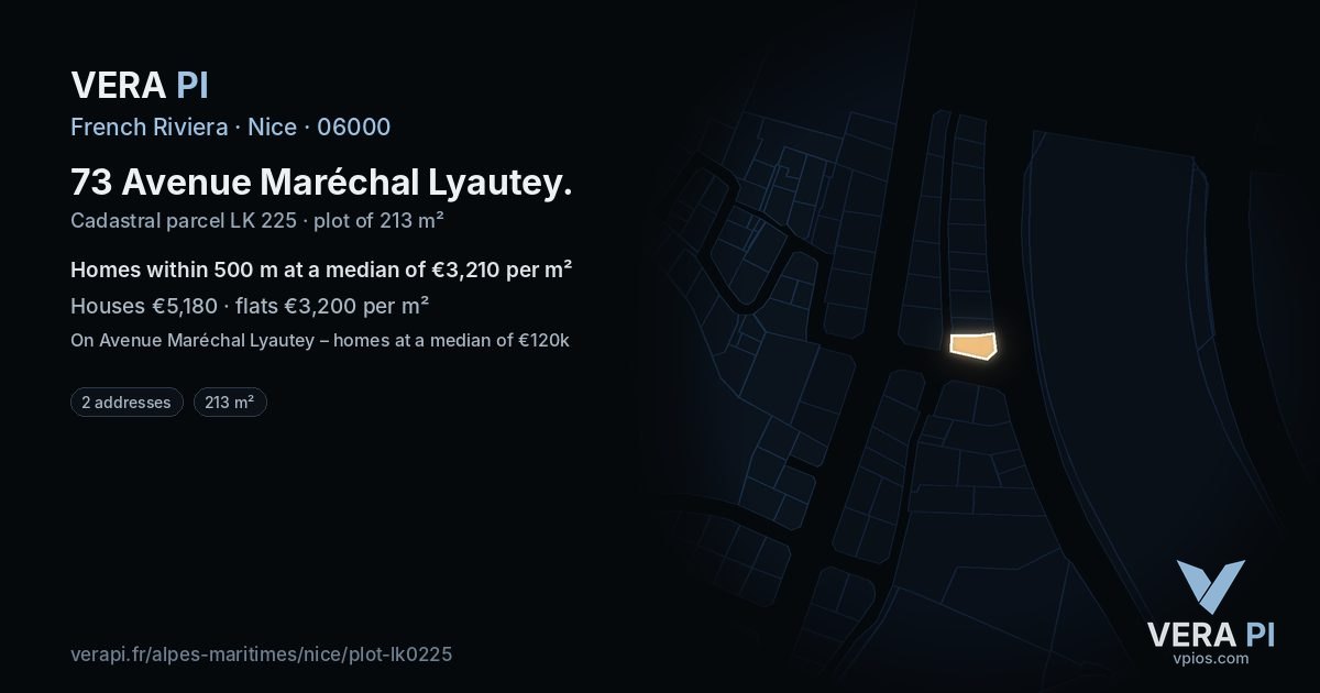 73 Avenue Maréchal Lyautey, Nice at night – the plot lit, the parcels around coloured by the prices near them