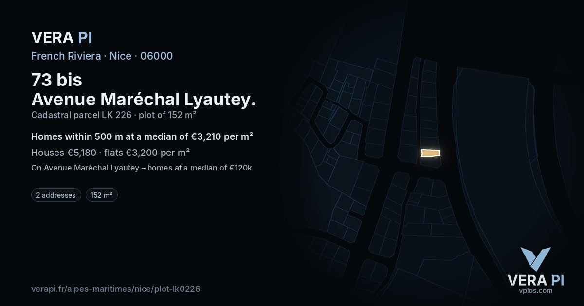 73 bis Avenue Maréchal Lyautey, Nice at night – the plot lit, the parcels around coloured by the prices near them