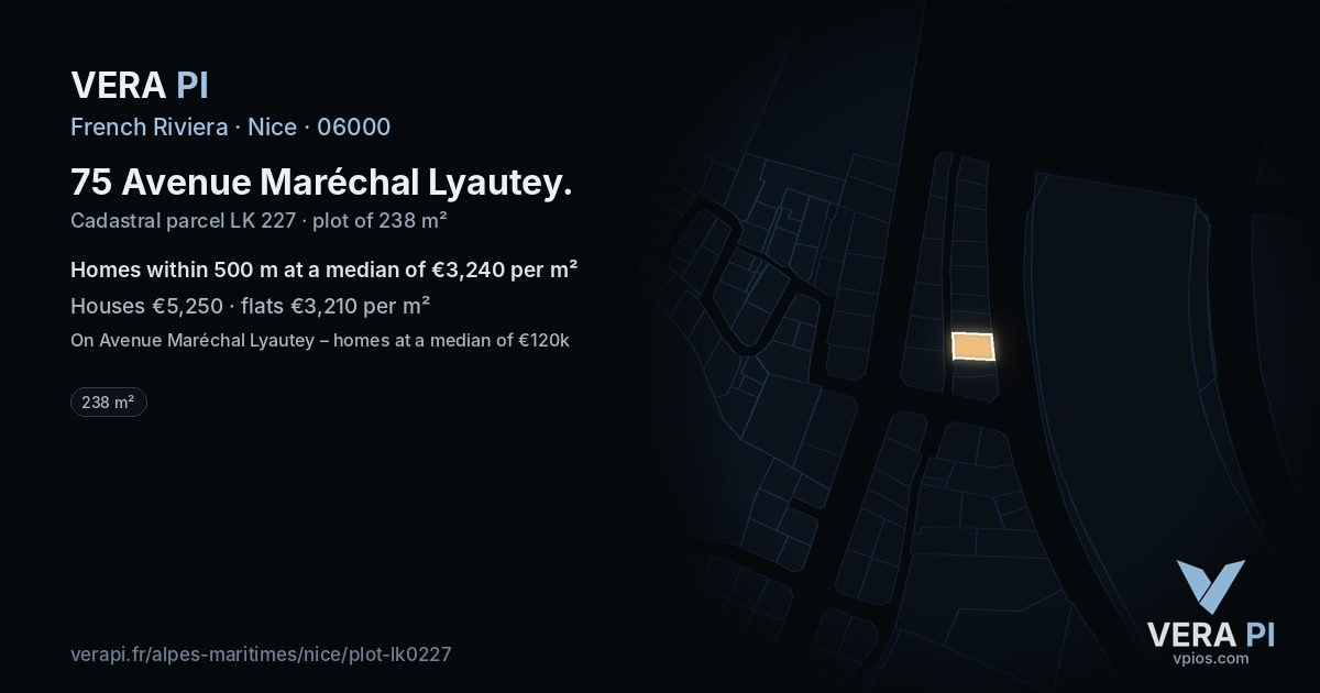 75 Avenue Maréchal Lyautey, Nice at night – the plot lit, the parcels around coloured by the prices near them
