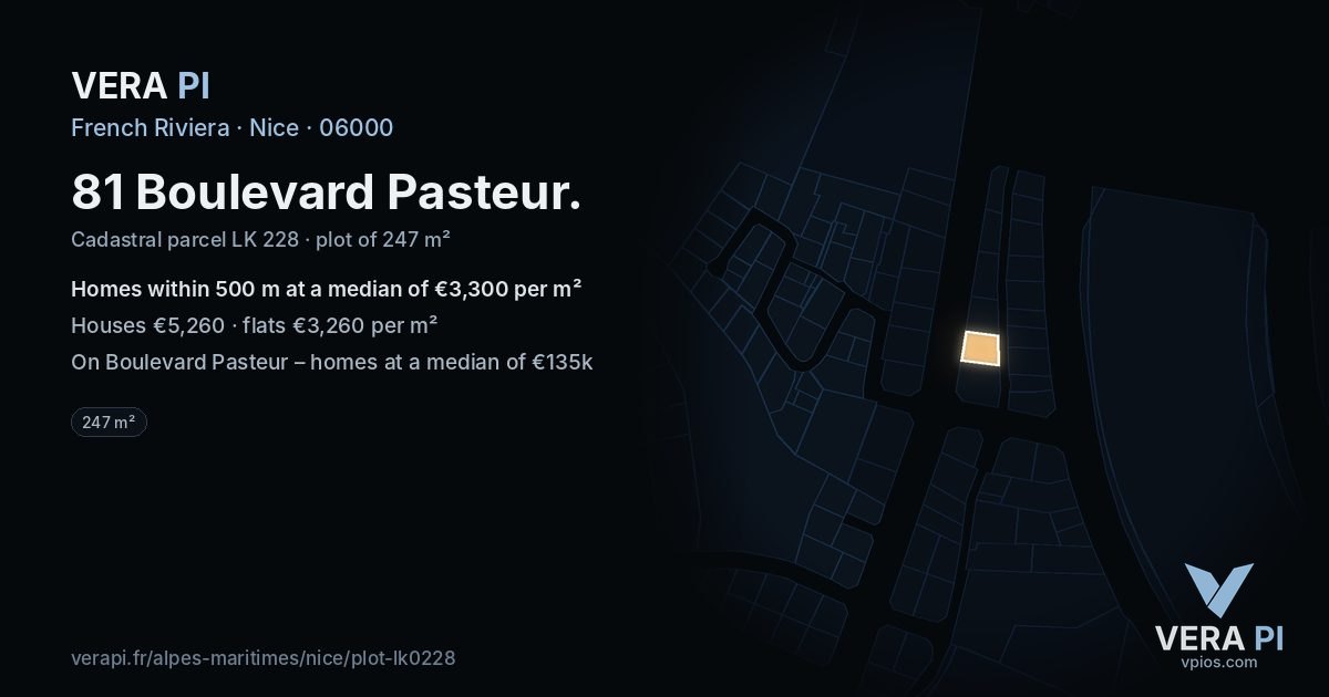 81 Boulevard Pasteur, Nice at night – the plot lit, the parcels around coloured by the prices near them