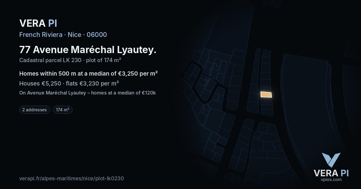 77 Avenue Maréchal Lyautey, Nice at night – the plot lit, the parcels around coloured by the prices near them