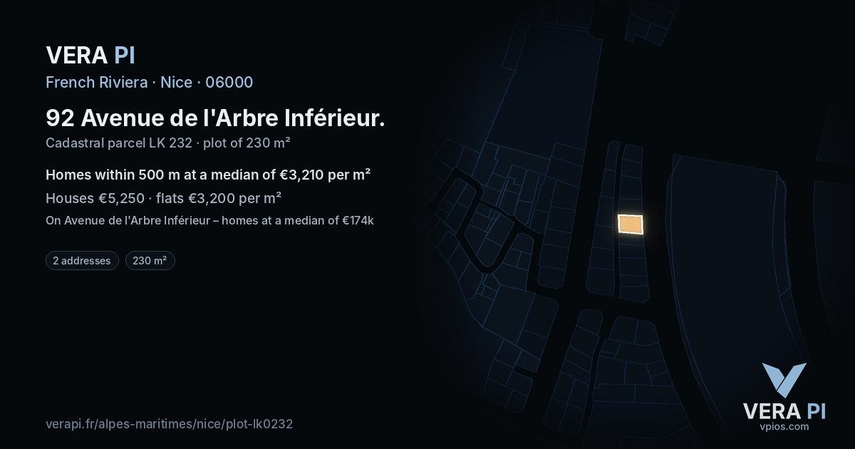 92 Avenue de l'Arbre Inférieur, Nice at night – the plot lit, the parcels around coloured by the prices near them