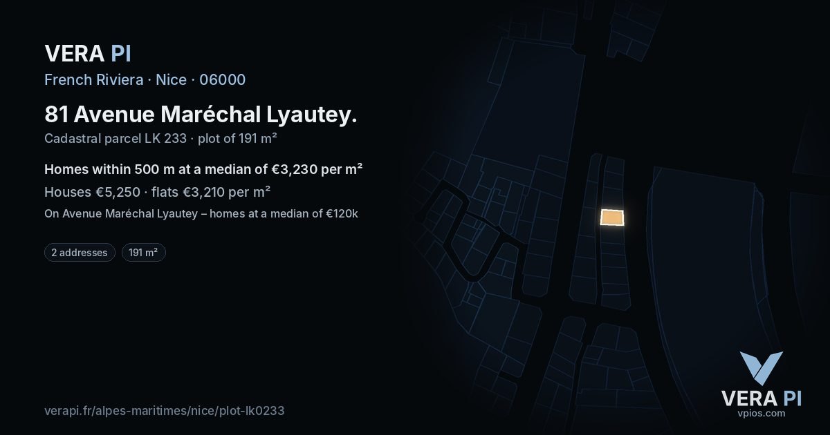 81 Avenue Maréchal Lyautey, Nice at night – the plot lit, the parcels around coloured by the prices near them