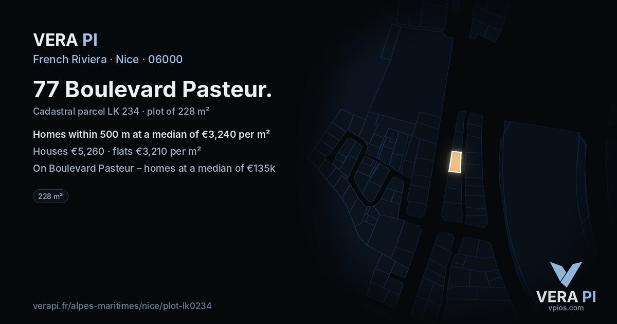 77 Boulevard Pasteur, Nice at night – the plot lit, the parcels around coloured by the prices near them