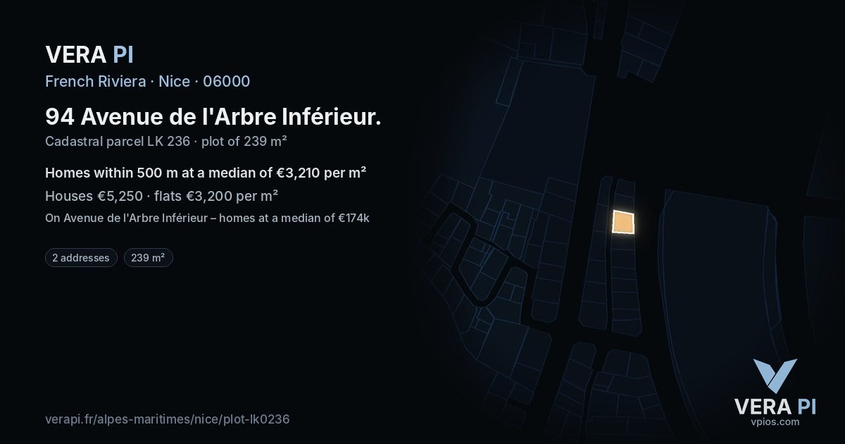 94 Avenue de l'Arbre Inférieur, Nice at night – the plot lit, the parcels around coloured by the prices near them