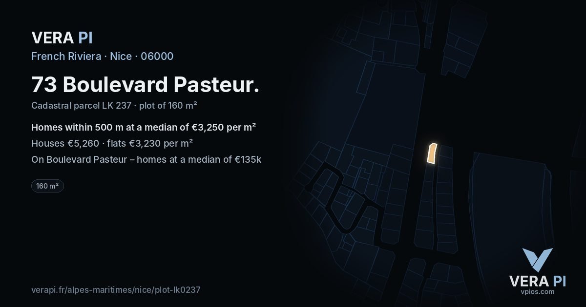 73 Boulevard Pasteur, Nice at night – the plot lit, the parcels around coloured by the prices near them