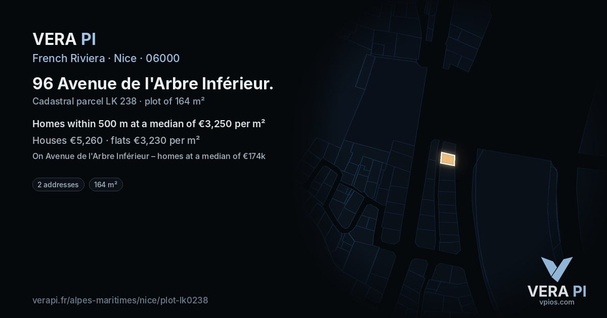 96 Avenue de l'Arbre Inférieur, Nice at night – the plot lit, the parcels around coloured by the prices near them