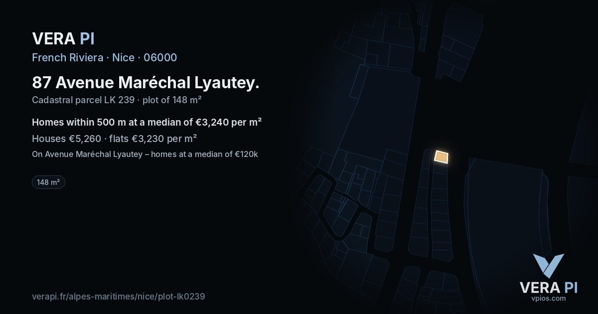 87 Avenue Maréchal Lyautey, Nice at night – the plot lit, the parcels around coloured by the prices near them