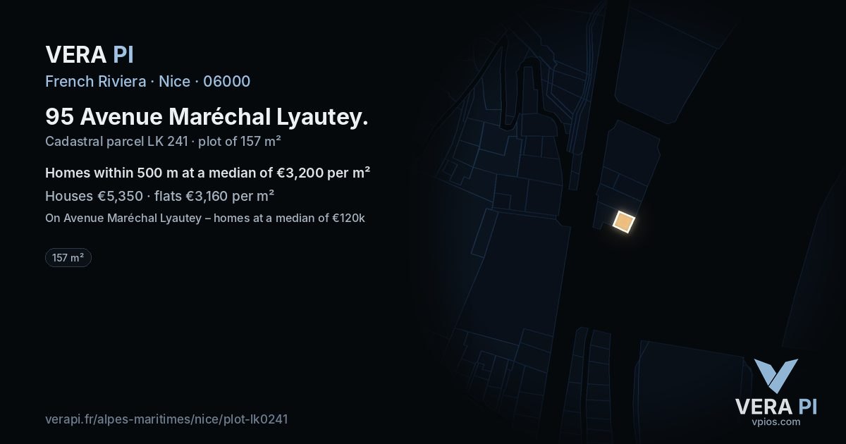 95 Avenue Maréchal Lyautey, Nice at night – the plot lit, the parcels around coloured by the prices near them