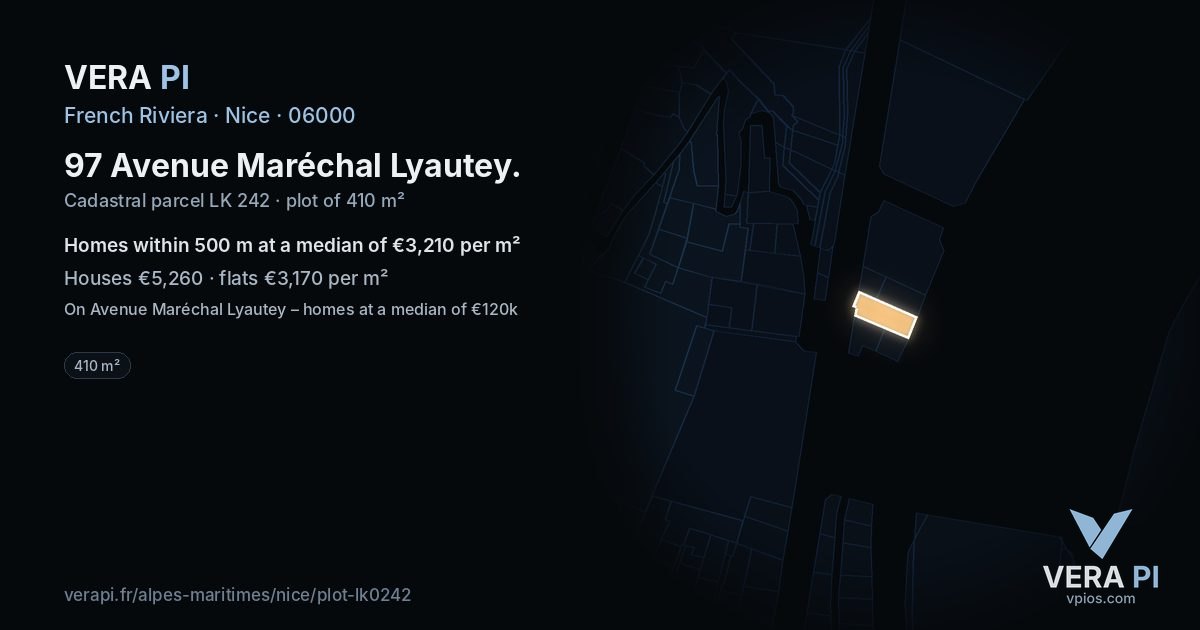 97 Avenue Maréchal Lyautey, Nice at night – the plot lit, the parcels around coloured by the prices near them