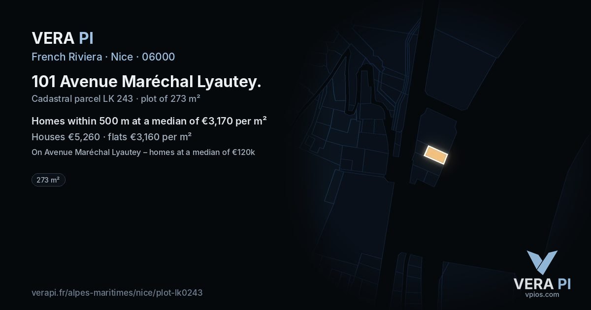 101 Avenue Maréchal Lyautey, Nice at night – the plot lit, the parcels around coloured by the prices near them