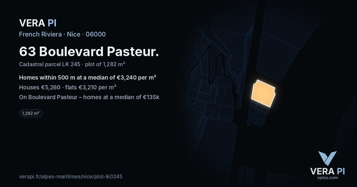 63 Boulevard Pasteur, Nice at night – the plot lit, the parcels around coloured by the prices near them