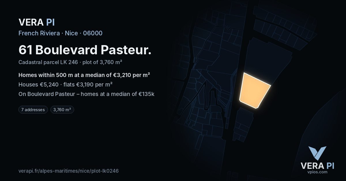61 Boulevard Pasteur, Nice at night – the plot lit, the parcels around coloured by the prices near them
