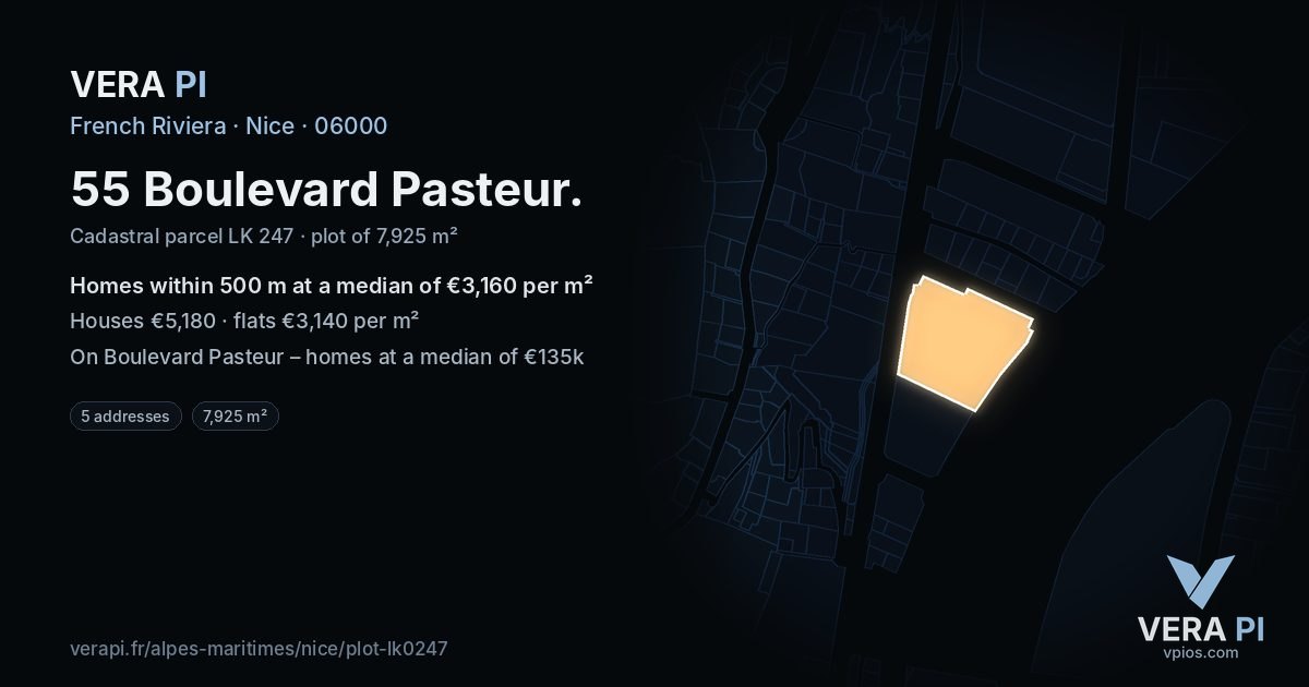 55 Boulevard Pasteur, Nice at night – the plot lit, the parcels around coloured by the prices near them