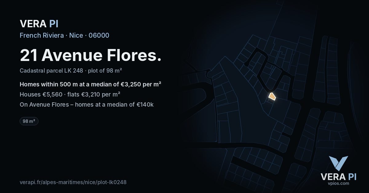 21 Avenue Flores, Nice at night – the plot lit, the parcels around coloured by the prices near them