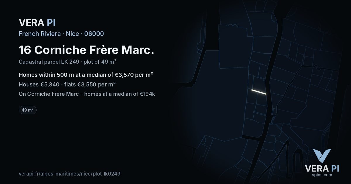 16 Corniche Frère Marc, Nice at night – the plot lit, the parcels around coloured by the prices near them