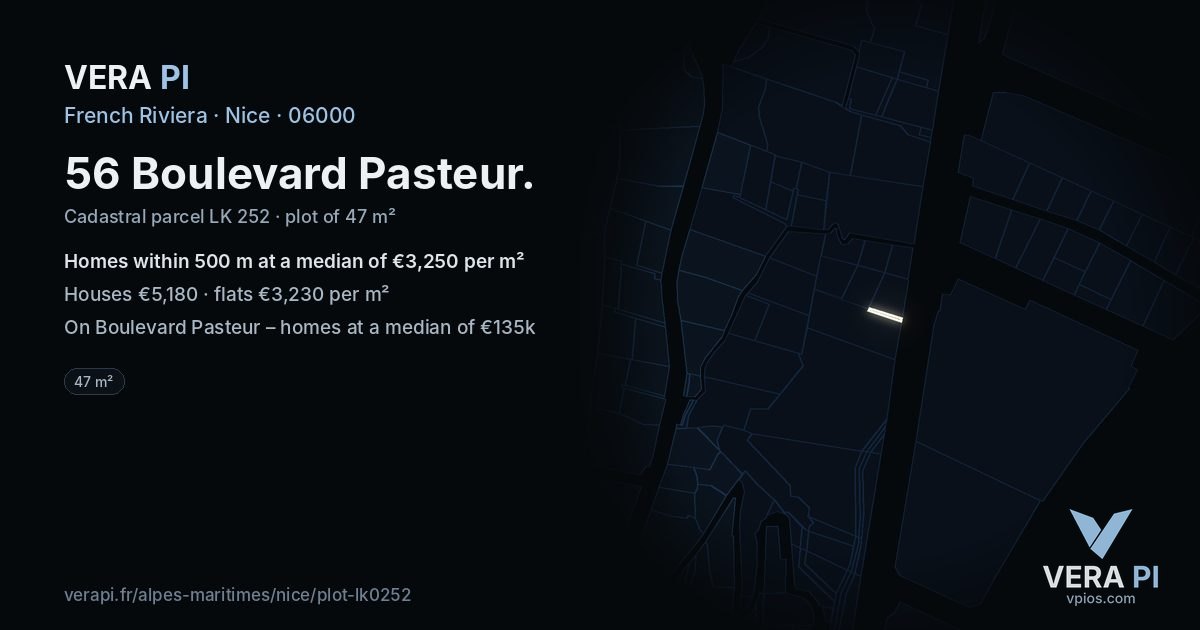 56 Boulevard Pasteur, Nice at night – the plot lit, the parcels around coloured by the prices near them