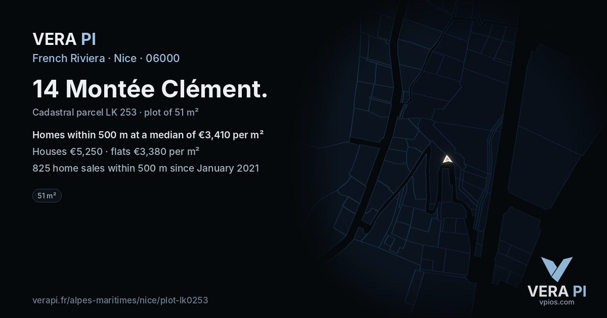 14 Montée Clément, Nice at night – the plot lit, the parcels around coloured by the prices near them
