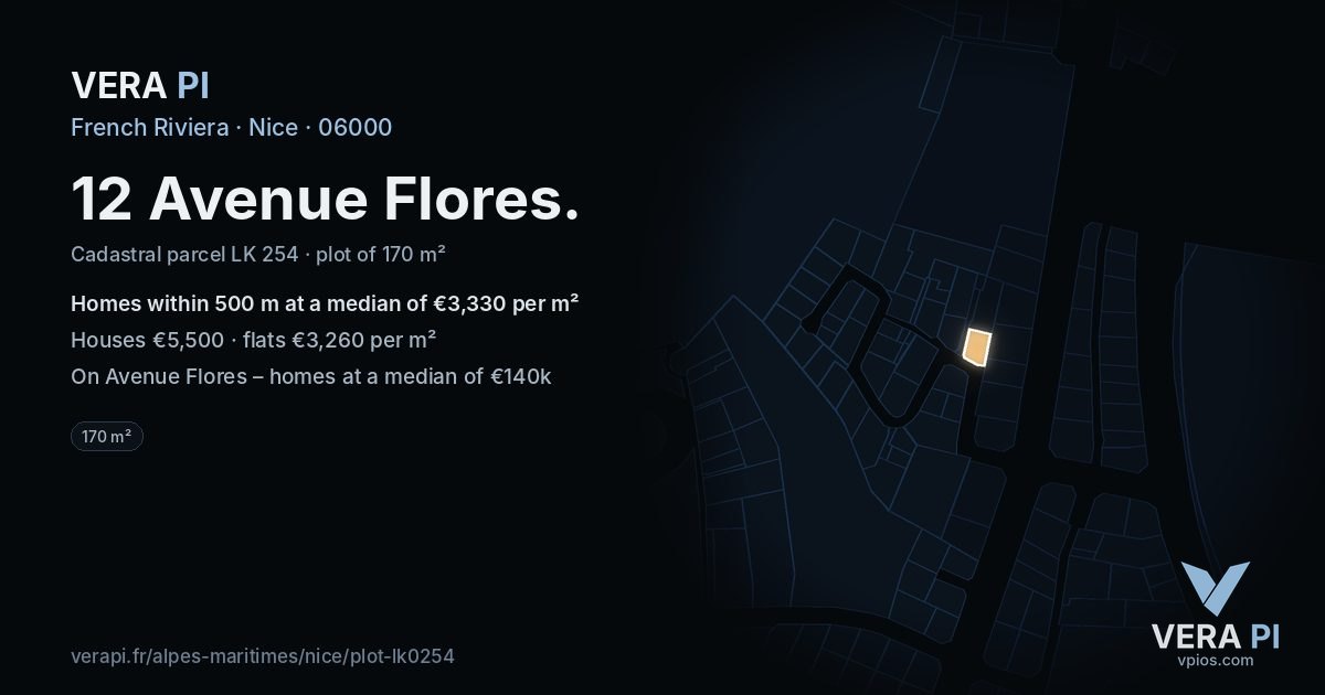 12 Avenue Flores, Nice at night – the plot lit, the parcels around coloured by the prices near them