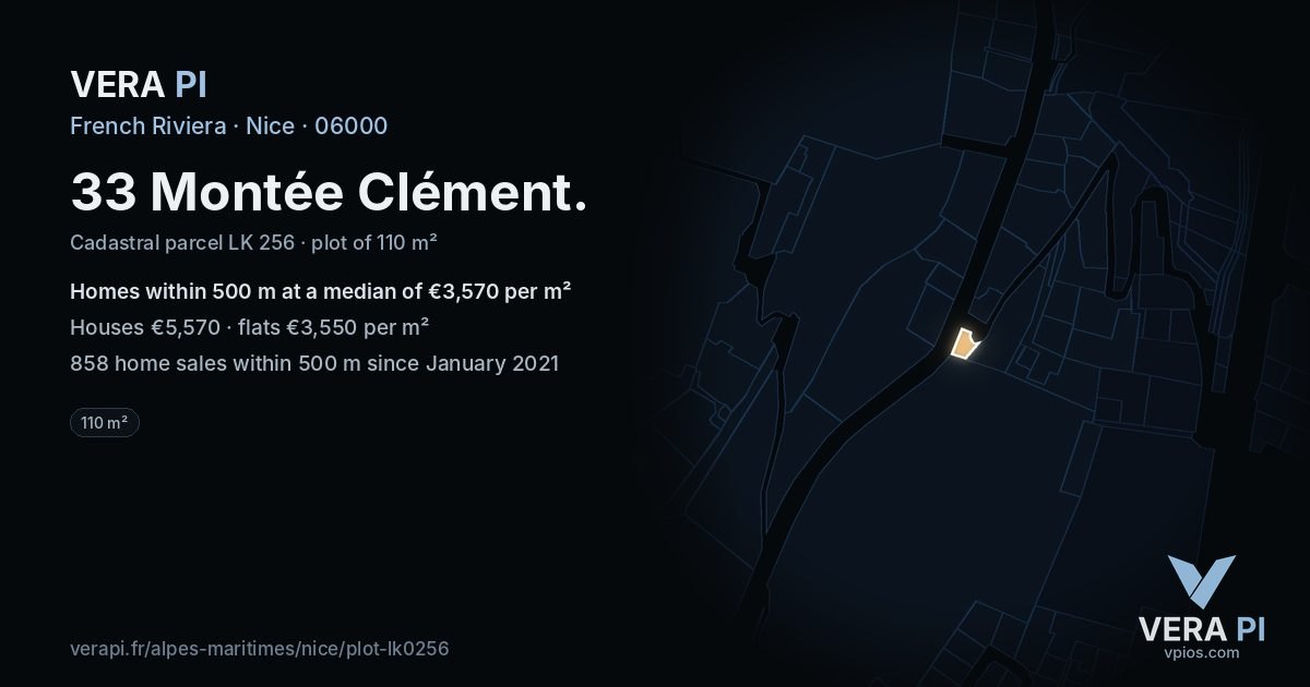 33 Montée Clément, Nice at night – the plot lit, the parcels around coloured by the prices near them