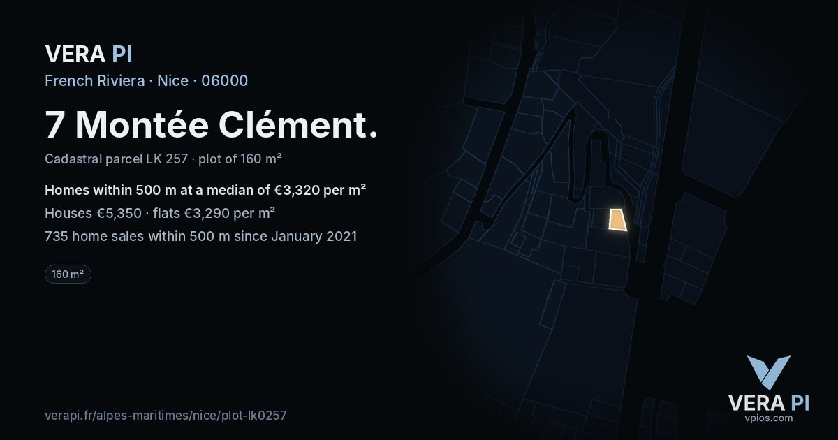 7 Montée Clément, Nice at night – the plot lit, the parcels around coloured by the prices near them
