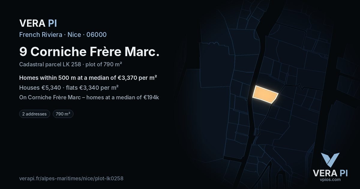 9 Corniche Frère Marc, Nice at night – the plot lit, the parcels around coloured by the prices near them