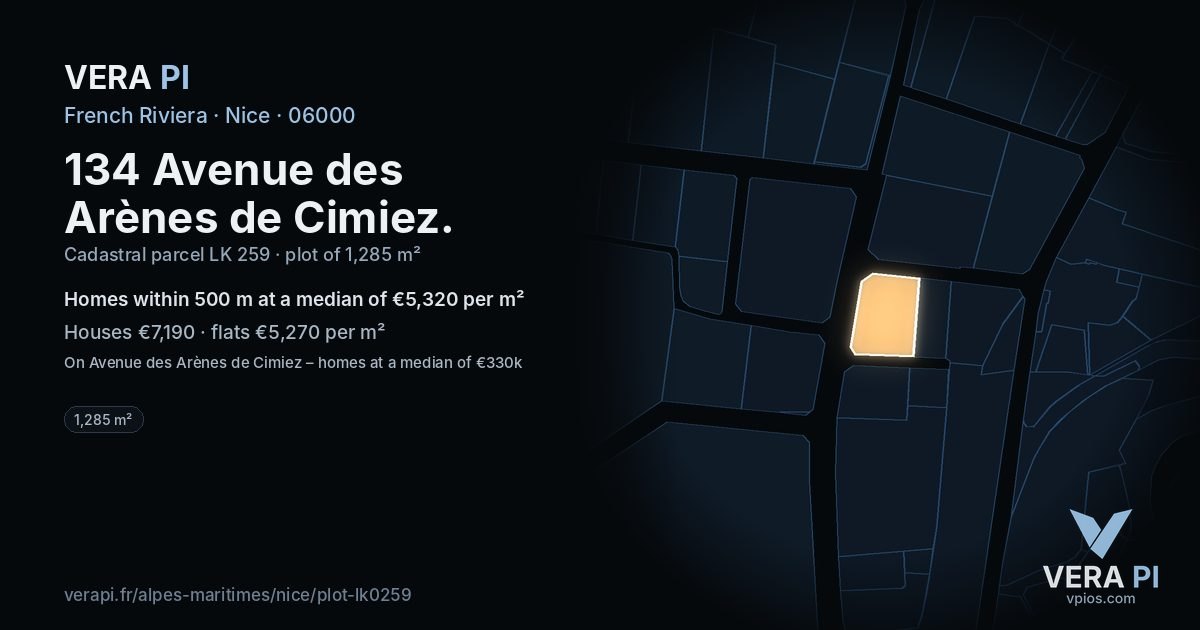 134 Avenue des Arènes de Cimiez, Nice at night – the plot lit, the parcels around coloured by the prices near them