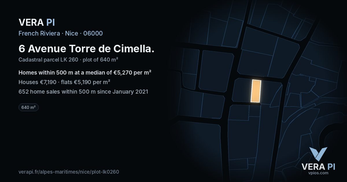 6 Avenue Torre de Cimella, Nice at night – the plot lit, the parcels around coloured by the prices near them